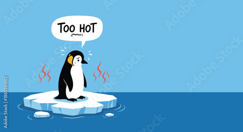 Sad sweating penguin standing on a tiny melting ice floe in a vast ocean representing the urgent issue of global warming and climate change.