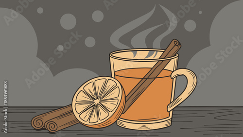 Warm Spiced Drink Mug Illustration with Cinnamon and Orange