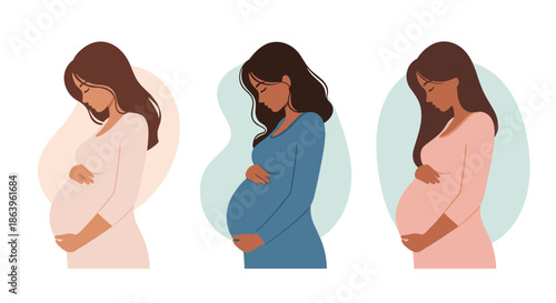 Three silhouettes of pregnant women in different colored dresses standing in profile to show their growing baby bumps during pregnancy.