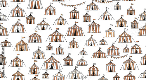 Nostalgic seamless pattern featuring striped vintage circus tents scattered on a white background for carnival and entertainment themes.