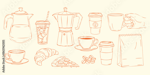 A charming sketch of coffee pastries and accessories for a cozy cafe vibe