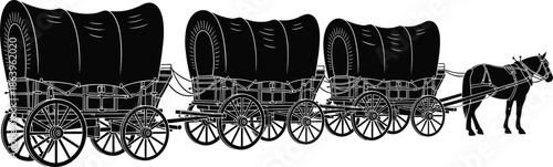 Traditional covered wagon caravan with horse, vintage western transport silhouettes in side view, historical travel and pioneer journey vector illustration
