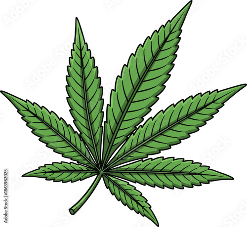 Green cannabis leaf illustration isolated on white background, marijuana hemp plant symbol for medical, herbal, and botanical design use