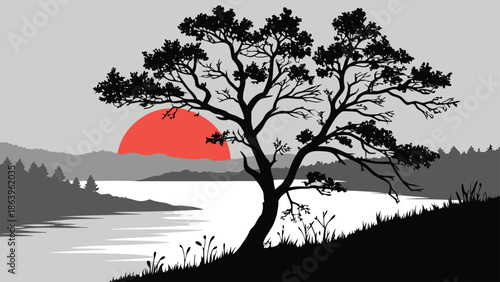 Vector illustration of a tree on a hill overlooking a serene lake at sunset with a red sun