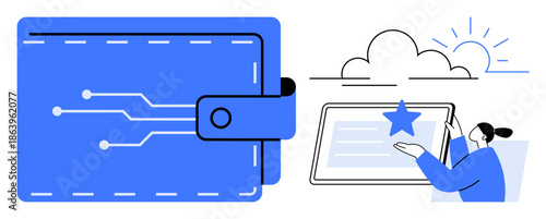 Online payments, digital storage, electronic security, cloud computing, fintech, technology. Digital wallet with circuits and a user interacting with a tablet. Online payments and digital storage