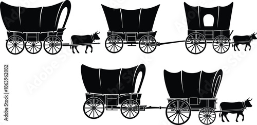 Vintage covered wagon silhouettes with oxen, traditional wooden carts in different views, historical rural transport icons isolated black vector