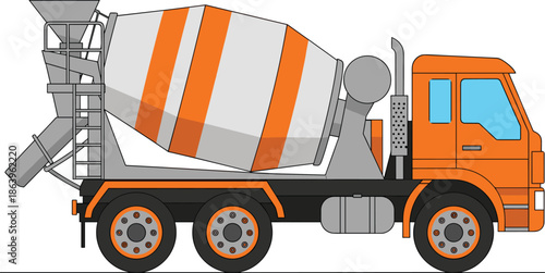 Concrete mixer truck side view illustration, construction vehicle with rotating drum, industrial transport equipment isolated on white background vector