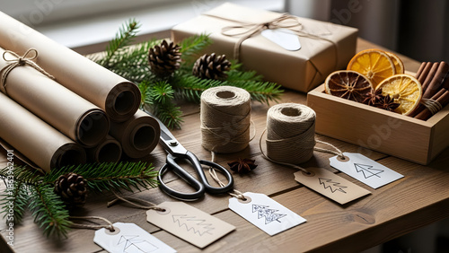 Arrangement of gift wrapping materials and decorations on wooden surface for creative purposes