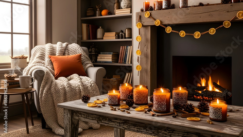 Cozy interior scene with candles and fireplace for relaxation and warm ambiance