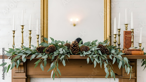 Elegant mantelpiece decor with greenery candles and mirror in a bright room