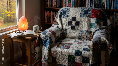 Cozy living room scene featuring armchair blanket book and lamp illuminated