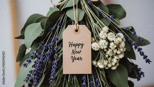 New year greeting with floral arrangement and tag for festive seasonal celebrations
