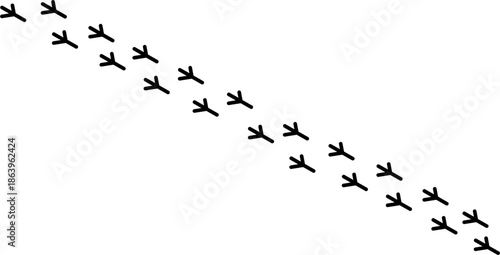 Seamless black bird footprints trail diagonal path on white background for design patterns