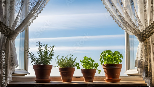 Potted herbs on window sill against blue sky and lacy curtains background