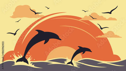  Dynamic Dolphins Leaping from Ocean Waves Against a Stylized Sunset Sky with Flying Birds - Energetic Marine Life Scene