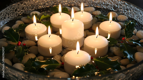 Lit candles floating in water with pebbles and greenery in glass bowl