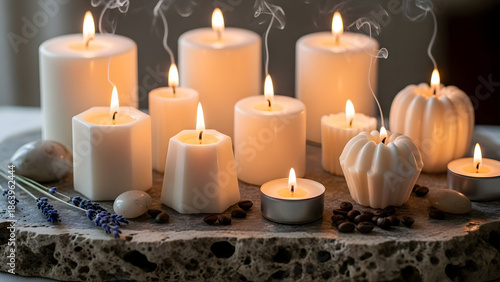 Lit candles of various shapes displayed on textured surface with smoke trails