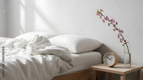 Minimalist bedroom interior with unmade bed and decorative cherry blossom branch