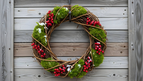 A festive holiday wreath crafted from intertwined branches, adorned with vibrant red berries and lush green moss, hanging on a rustic wooden wall.