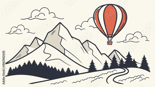 Hot Air Balloon Over Mountain Landscape Illustration - Adventure Travel Journey Vector Art