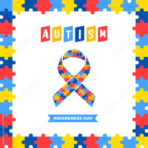 World Autism Awareness Day Poster Vector with Colorful Puzzle Ribbon Illustration