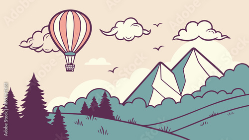 Hot Air Balloon Flight Over Mountains and Pine Forest - Vintage Landscape Adventure Art