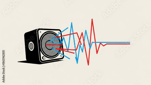 Speaker Emitting Sound Waves in Red and Blue on White Background