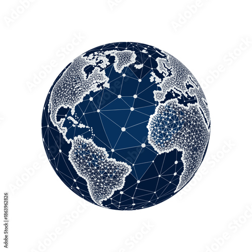 A stylized digital representation of the Earth, showcasing a network of interconnected points and lines across continents.