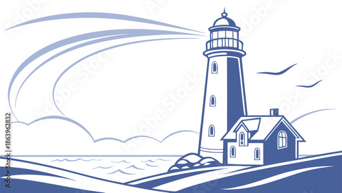  Coastal Lighthouse Illustration, Maritime Beacon, Seashore Landmark, Blue Ocean Navigation Guide, Graphic Design Concept, Safety & Guidance Symbol