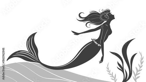 Mystical Mermaid Silhouette Art with Crown, Graceful Underwater Fantasy Design, Mythical Sea Creature Illustration

