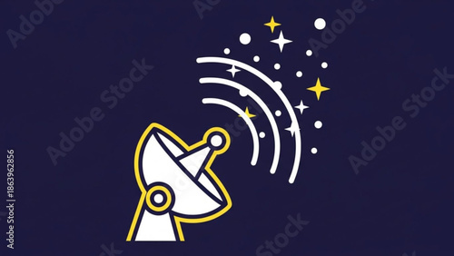 Satellite Dish Receiving Signal from Stars in Space, Isolated on Dark Blue Background, Vector Illustration
