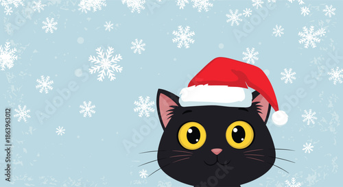 Adorable black cat wearing a red Santa Claus hat looking forward against a blue winter background filled with falling white snowflakes.
