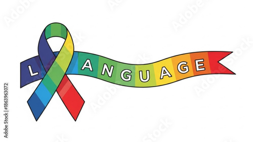 Rainbow Ribbon with Language Text Symbolizing Diversity and Inclusion