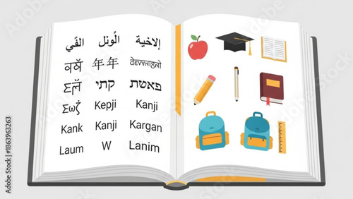 Open Book with Foreign Language Text and Education Icons on White Background