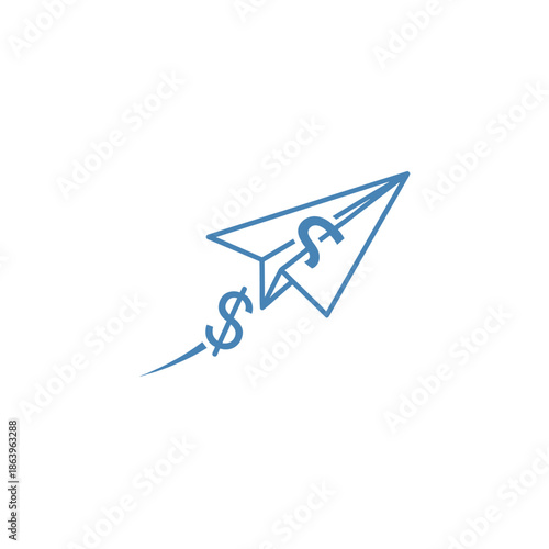 A blue line drawing of a paper airplane with dollar signs on its wings, symbolizing financial growth and speed.