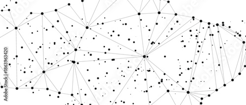 Abstract digital network connection with geometric shapes and scattered data points on a dark background