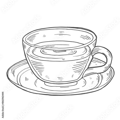 Cup of Tea Hand-Drawn Vector, Graphic Style, Cartoon Illustration, Black and White, Sketch Style, Isolated on White Background