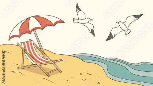 Summer Beach Vacation Illustration: Umbrella, Chair, and Seagulls