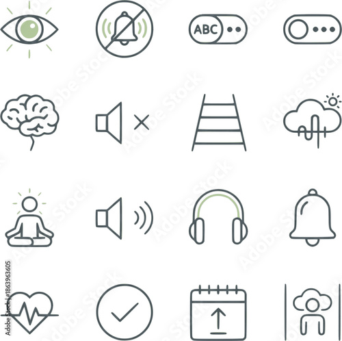 minimalist symbols for neuro-inclusive design, calm UI, and cognitive accessibility. This set is specifically engineered for the 2026 software market, focusing on sensory-friendly interfaces and focus