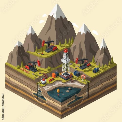 Isometric illustration of oil and gas extraction process with drilling rig, pumpjacks, and underground layers in a mountainous landscape.