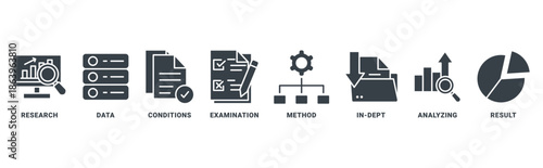Case study icon set vector concept with icon of research, data, conditions, examination, method, in-depth, analyzing,  result 
