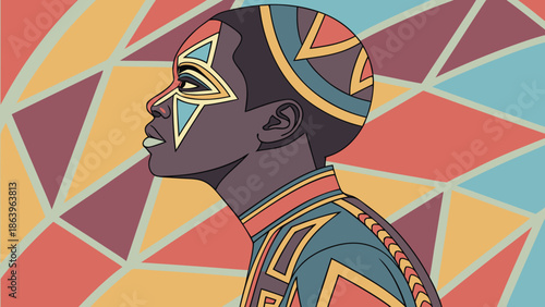 Vibrant Afro-futuristic Portrait with Geometric Patterns and Face Paint