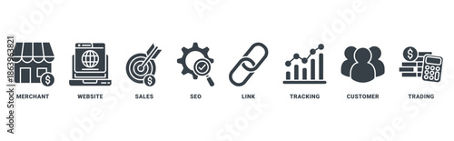 Affiliate Marketing icon set vector concept with icon of merchant, website, sales, seo, link, tracking, customer, trading 