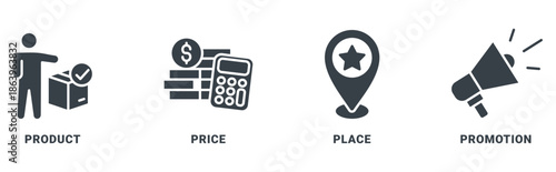 Marketing Mix icon set vector concept with icon of product, price, place, promotion