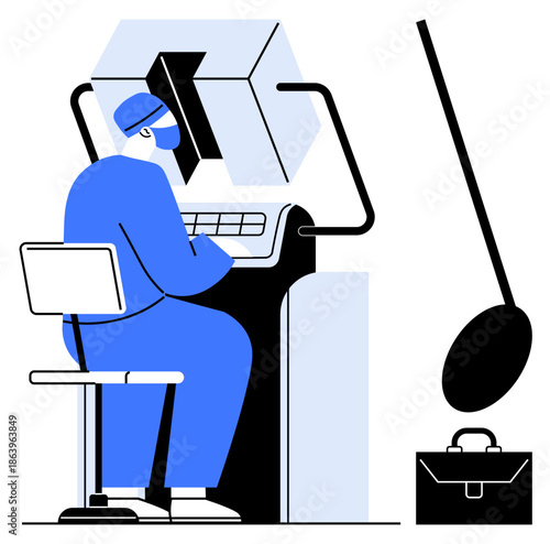 Healthcare innovation, robotic surgery, precision healthcare, surgical technology, medical advancements, professional training. Surgeon interacts with robotic surgical machine. Healthcare innovation