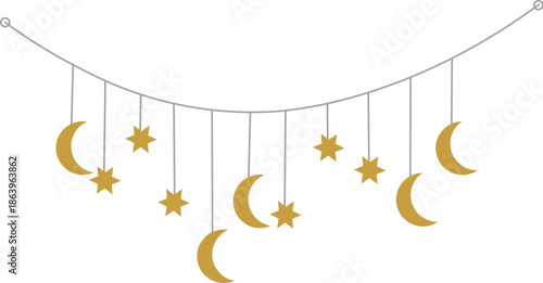 Elegant hanging moon and star garland decoration in a minimal flat style.