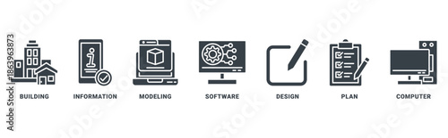 BIM (building information modeling) icon set vector concept with icon of building, information, modeling, software, design, plan, computer