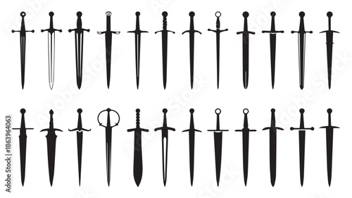 A collection of twenty medieval swords in various styles and designs, presented in a grid layout against a white background.