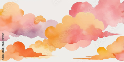 Seamless vector illustration of an abstract blue watercolor sky background with clouds, summer sun, and a colorful rainbow pattern for a bright nature-inspired wallpaper design