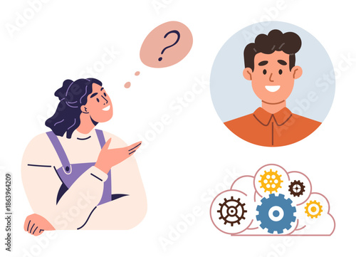 Communication, problem solving, teamwork, idea generation, collaboration, interpersonal skills. Woman thinking with question mark, man smiling gears ideas. Communication and problem solving concept
